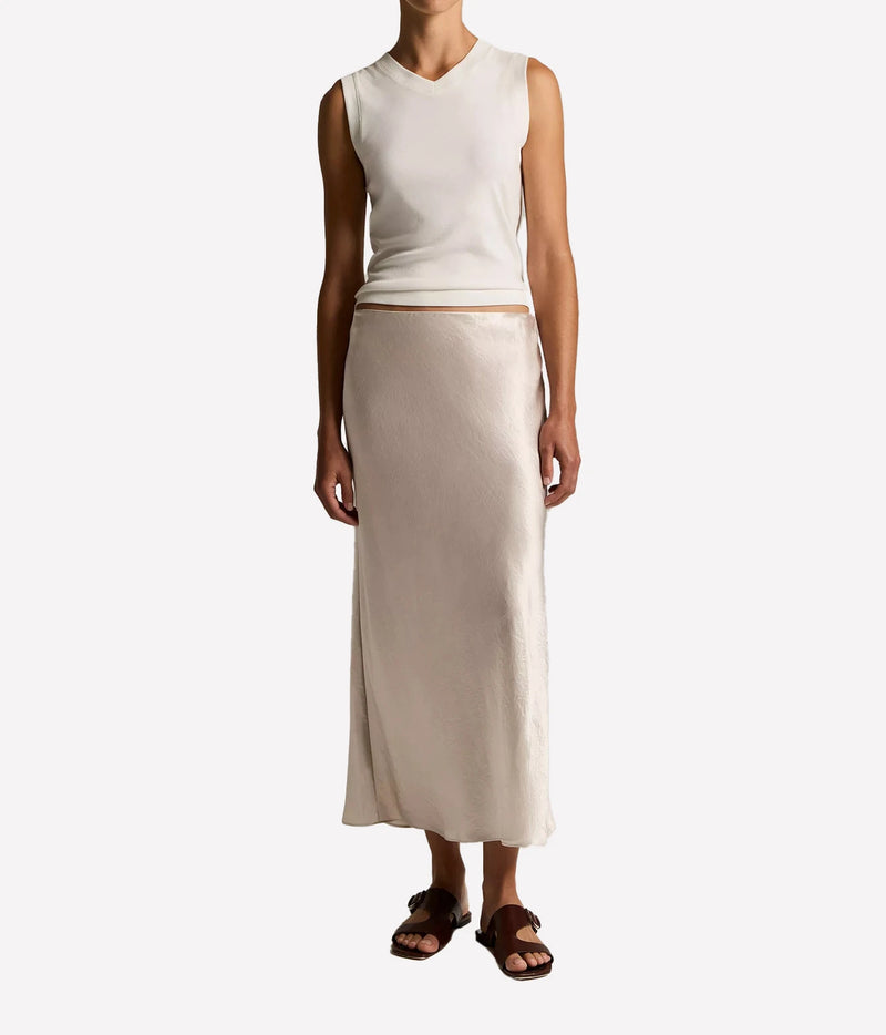 Vince Side Slit Slip Skirt in Champagne, styled with a coordinating sleeveless top in a full-length front view.