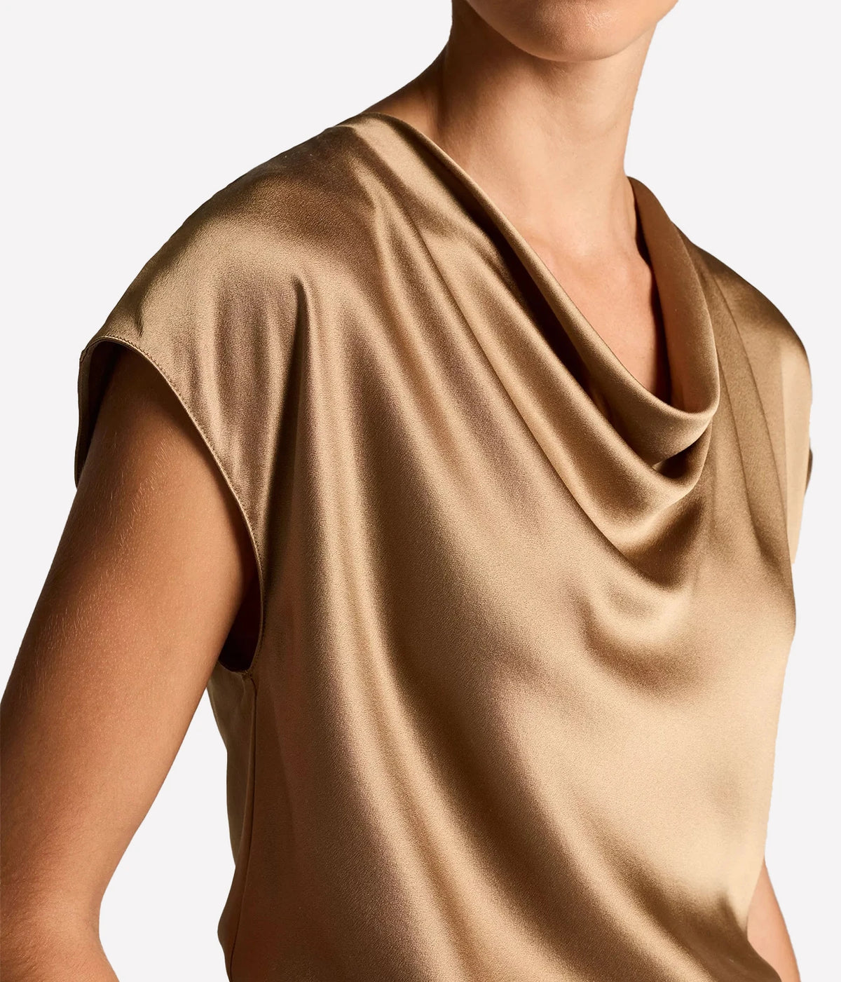 Close-up of Carmello blouse showing draped cowl neckline and cap sleeves