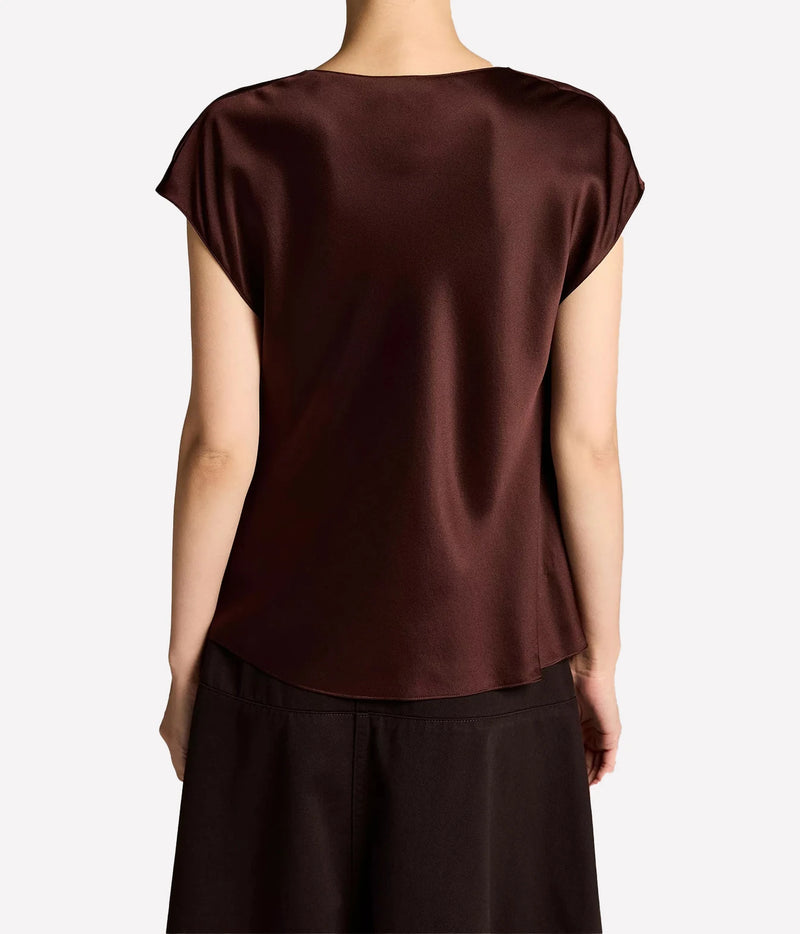 Front view of dark cherrywood cowl neck cap sleeve blouse