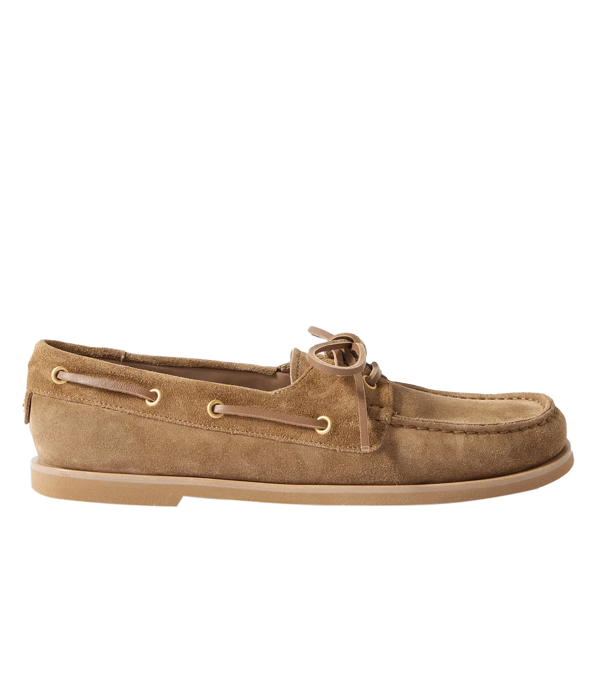 Gianvito Rossi Vandé boat shoes in Texas+ Cuoio Tecu brown, featuring supple suede upper, almond toe shape, leather laces, and silver eyelets, crafted in Italy with a shoe box and dust bag.