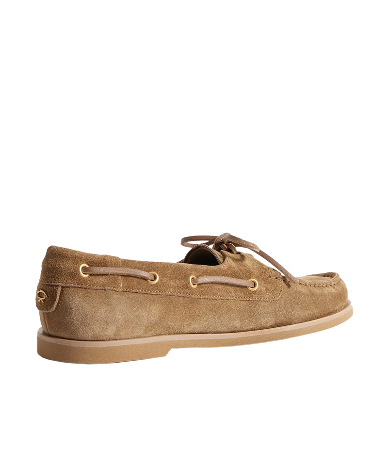 Gianvito Rossi Vandé boat shoes in Texas+ Cuoio Tecu brown, featuring supple suede upper, almond toe shape, leather laces, and silver eyelets, crafted in Italy with a shoe box and dust bag.