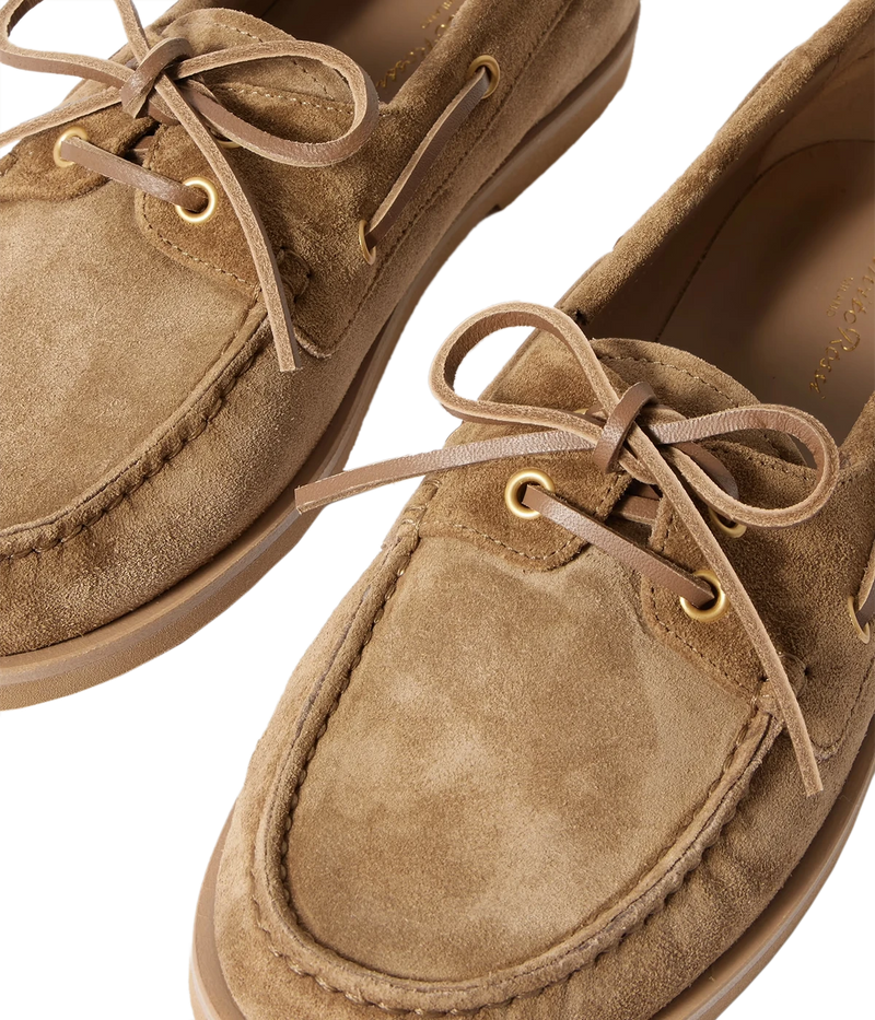 Gianvito Rossi Vandé boat shoes in Texas+ Cuoio Tecu brown, featuring supple suede upper, almond toe shape, leather laces, and silver eyelets, crafted in Italy with a shoe box and dust bag.