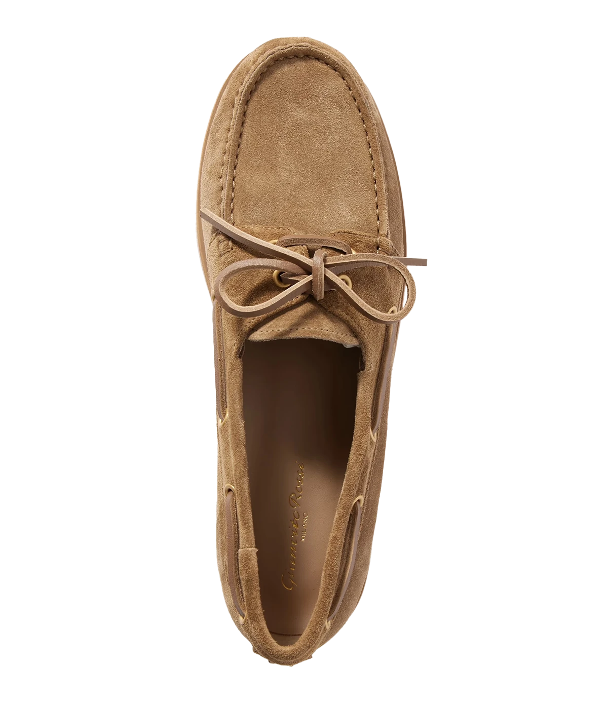 Gianvito Rossi Vandé boat shoes in Texas+ Cuoio Tecu brown, featuring supple suede upper, almond toe shape, leather laces, and silver eyelets, crafted in Italy with a shoe box and dust bag.