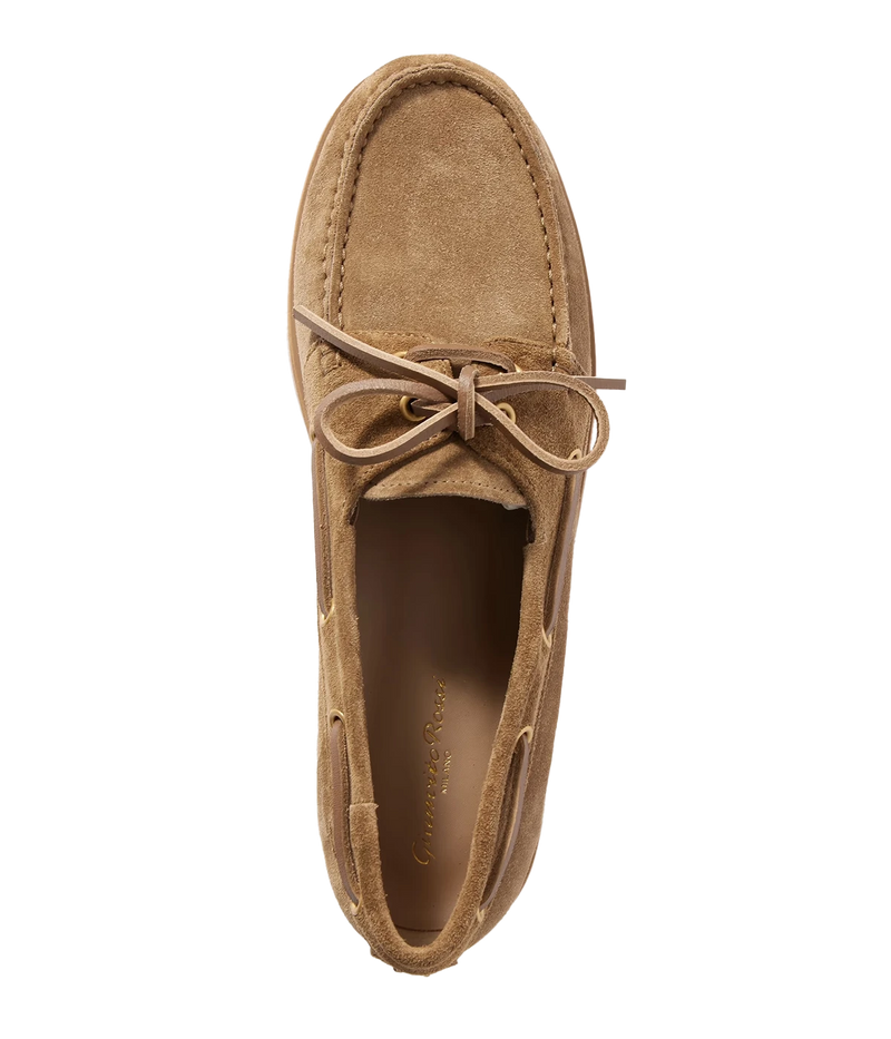 Gianvito Rossi Vandé boat shoes in Texas+ Cuoio Tecu brown, featuring supple suede upper, almond toe shape, leather laces, and silver eyelets, crafted in Italy with a shoe box and dust bag.