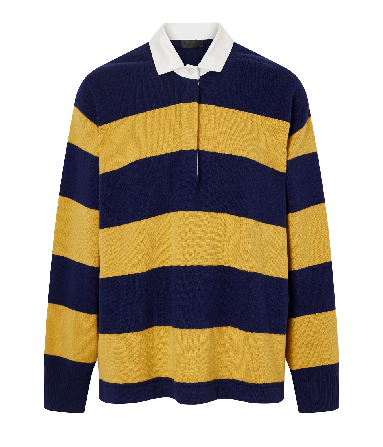 A long-sleeve knit polo-style sweater with horizontal navy blue and mustard yellow stripes, featuring a white collar and a short button placket, shown on a plain white background.