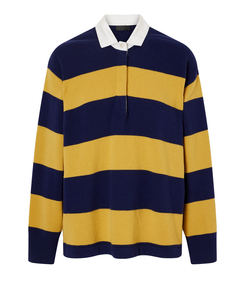 A long-sleeve knit polo-style sweater with horizontal navy blue and mustard yellow stripes, featuring a white collar and a short button placket, shown on a plain white background.