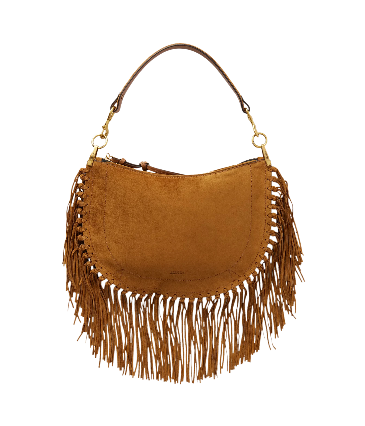 A tan suede crescent-shaped shoulder bag with long fringe trim along the bottom edge and a gold-tone metal ring and strap hardware - Oskan Soft Zip Tassel Bag In Cognac
