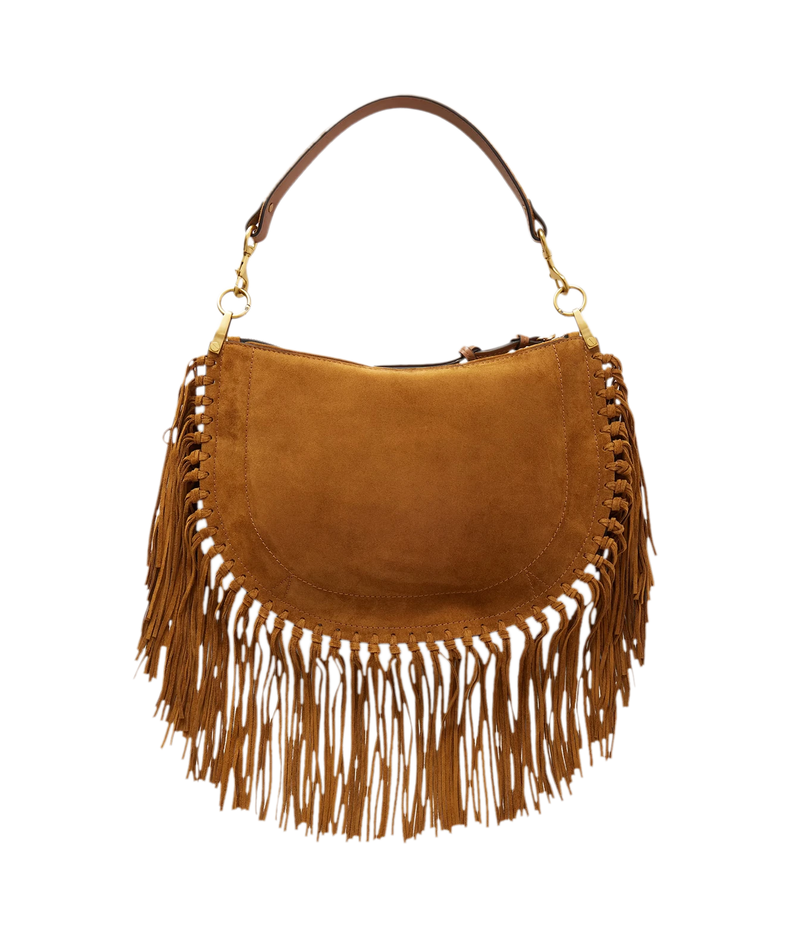 A camel brown suede crescent-shaped shoulder bag with long fringe detailing along the bottom edge - Isabel Marant Oskan Soft Zip suede tassel bag in Cognac, front product view with fringe detailing