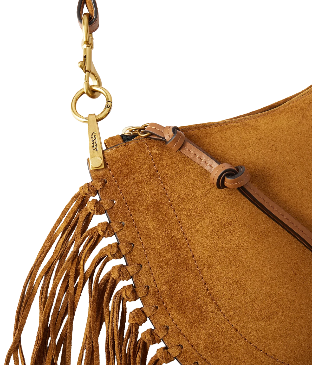 Isabel Marant Oskan Soft Zip suede tassel bag in Cognac showing crescent silhouette and fringe detail