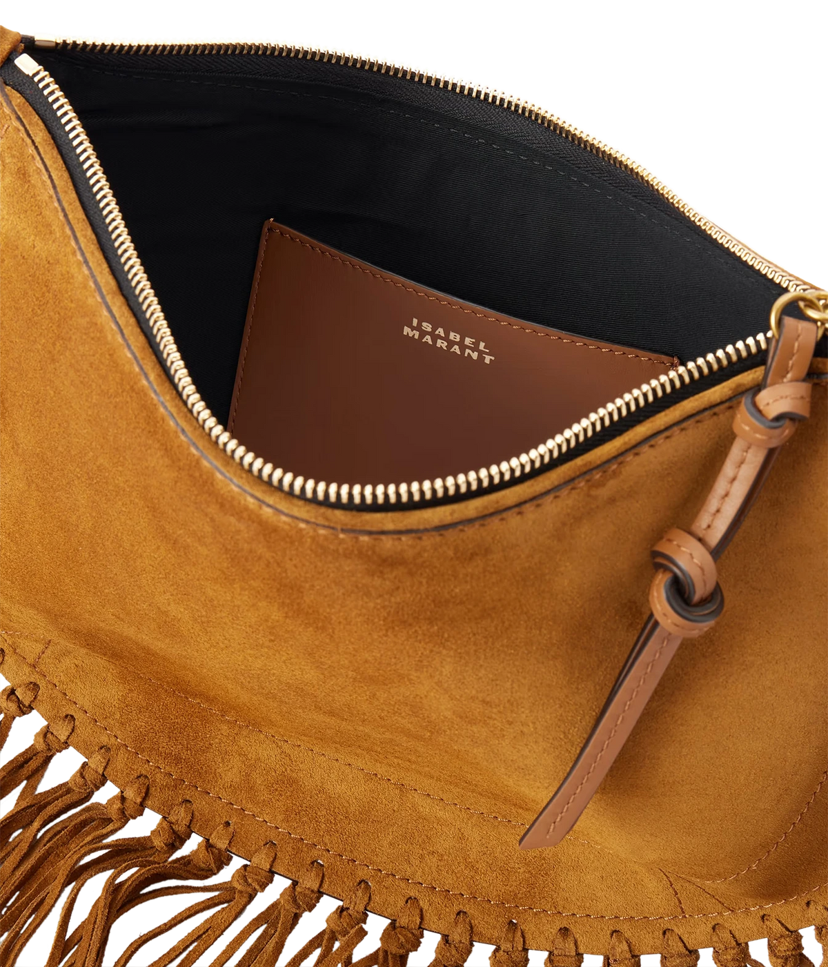 Isabel Marant Oskan Cognac suede tassel bag open, showing the main compartment and interior pocket