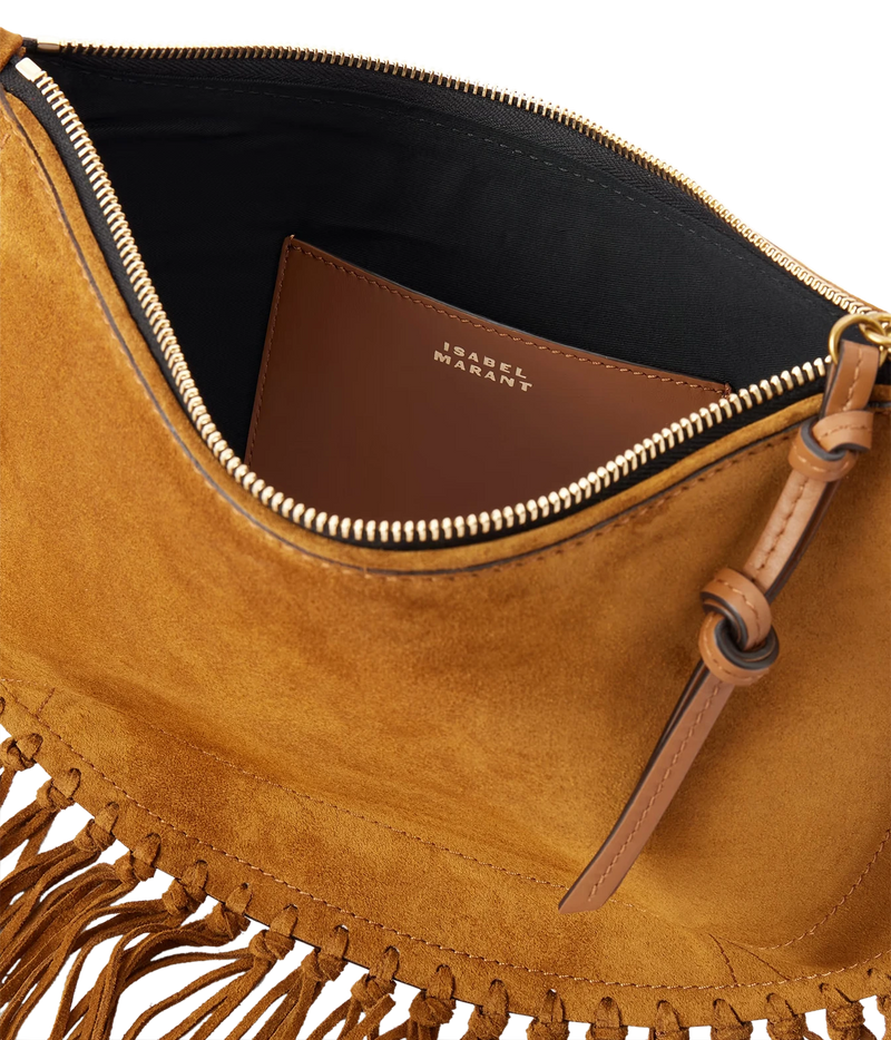 Isabel Marant Oskan Cognac suede tassel bag open, showing the main compartment and interior pocket