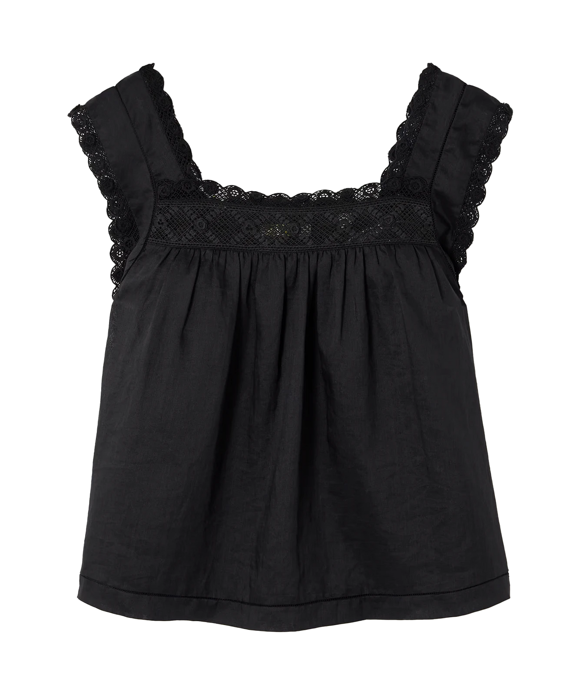 A black sleeveless top with ruffled lace trim along the neckline and shoulder straps, shown against a plain white background.