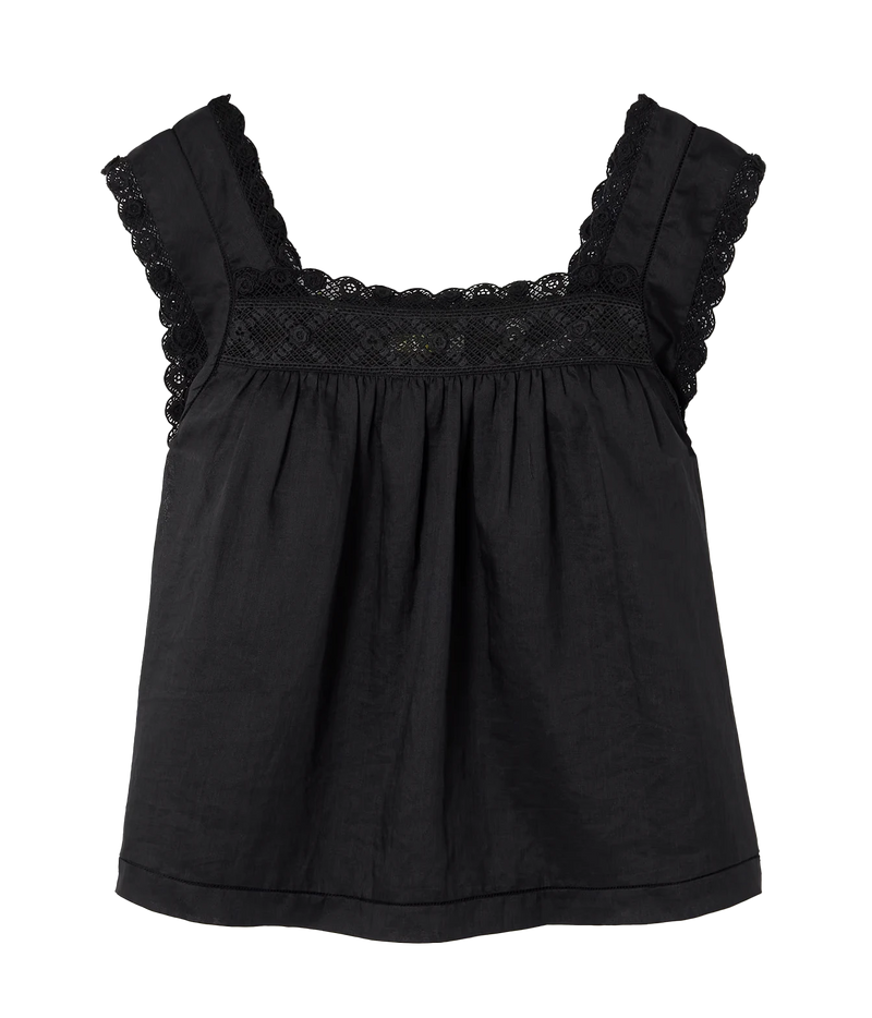 A black sleeveless top with ruffled lace trim along the neckline and shoulder straps, shown against a plain white background.