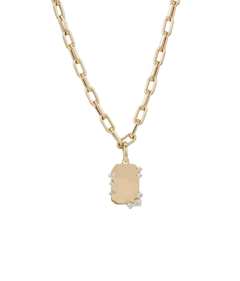 Adina Reyter Diamond Barnacles Dog Tag in 14K Yellow Gold hanging from a chunky gold paperclip chain, front view