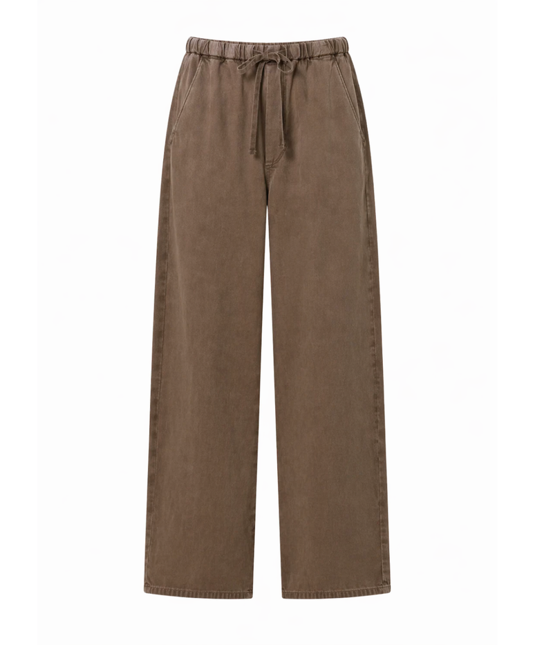 Citizens of Humanity Aurora Pull On Pant in Cocoa – flat lay view showcasing relaxed pull-on silhouette with drawstring waist and lightweight cotton fabric.