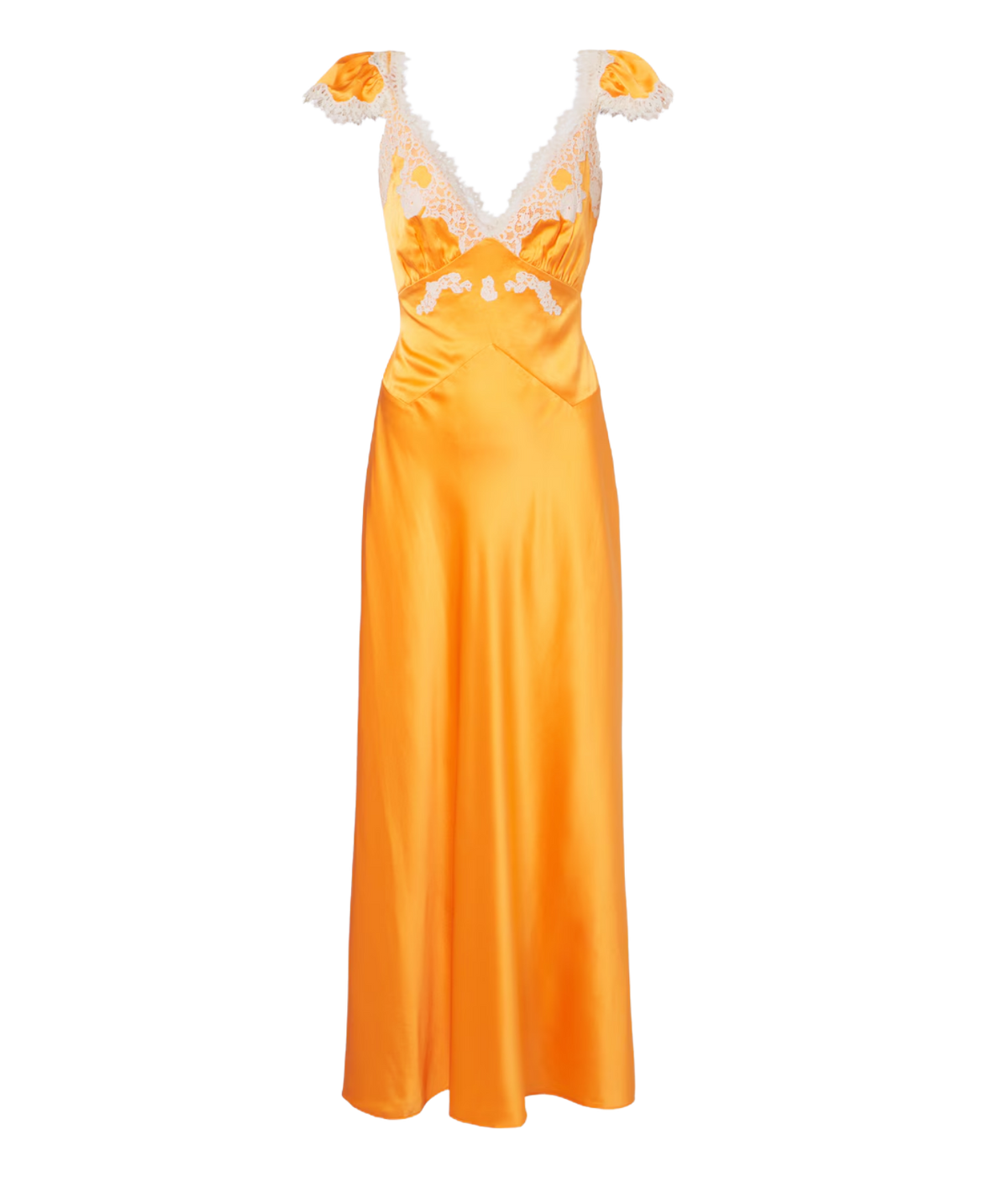 DÔEN Fiona Dress in Tangerine, product view highlighting the silk satin, plunging lace-trim neckline and bias-cut skirt.