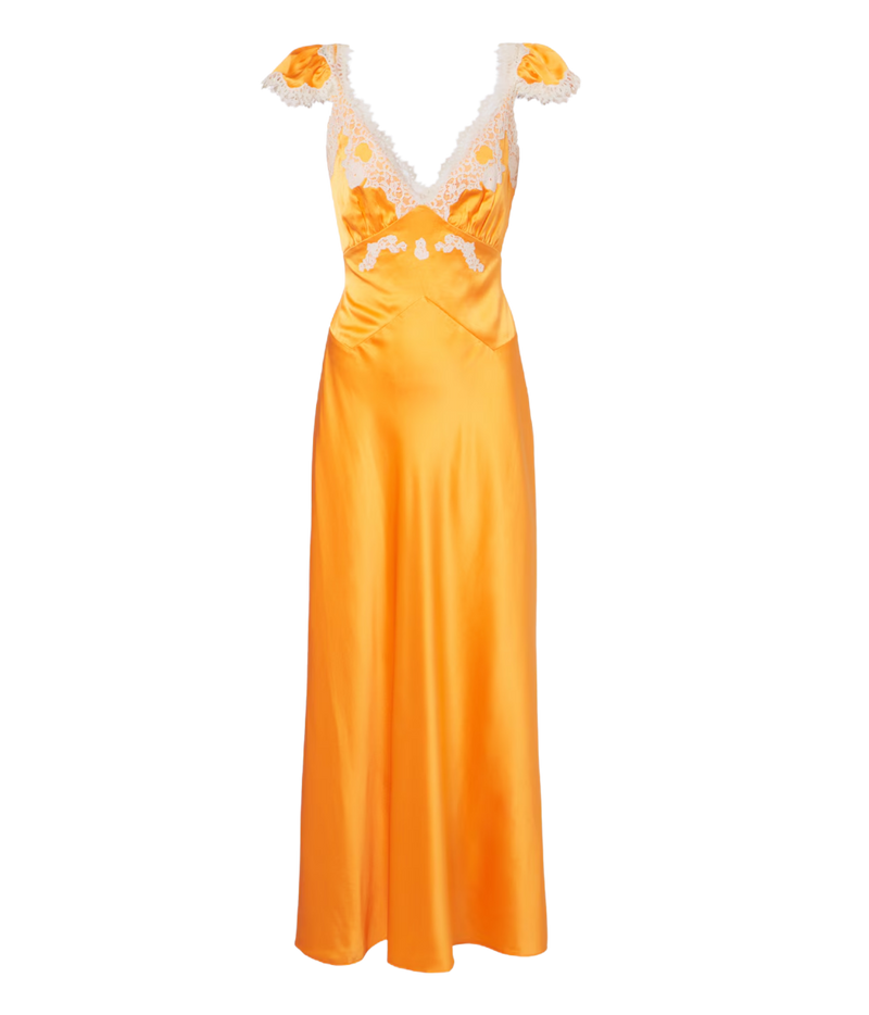 DÔEN Fiona Dress in Tangerine, product view highlighting the silk satin, plunging lace-trim neckline and bias-cut skirt.