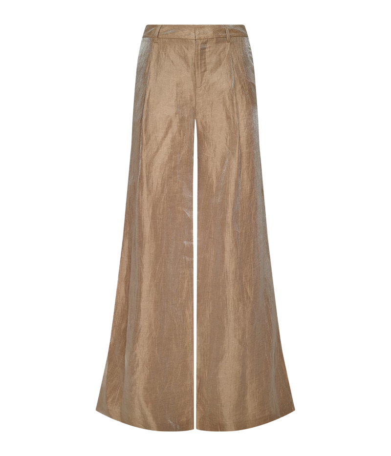 A pair of wide-leg trousers in a shimmering metallic taupe-gold fabric, shown against a plain white background.