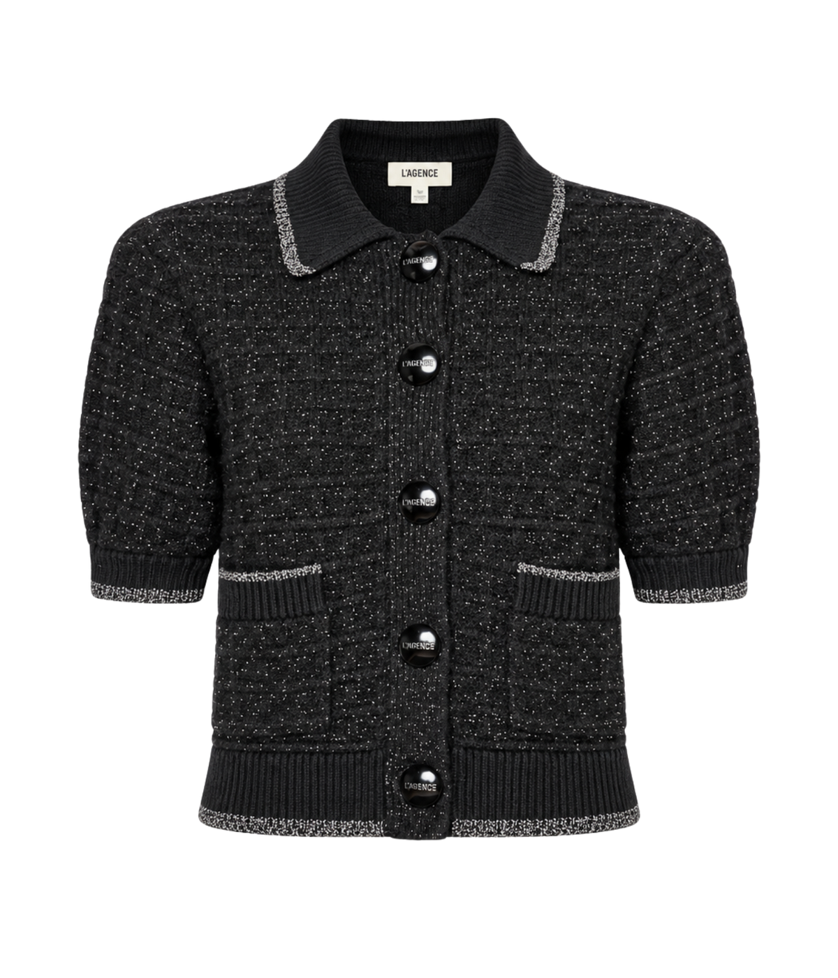 Novalie Cardigan Top In Black & Gold Lurex L'Agence - flat lay of product