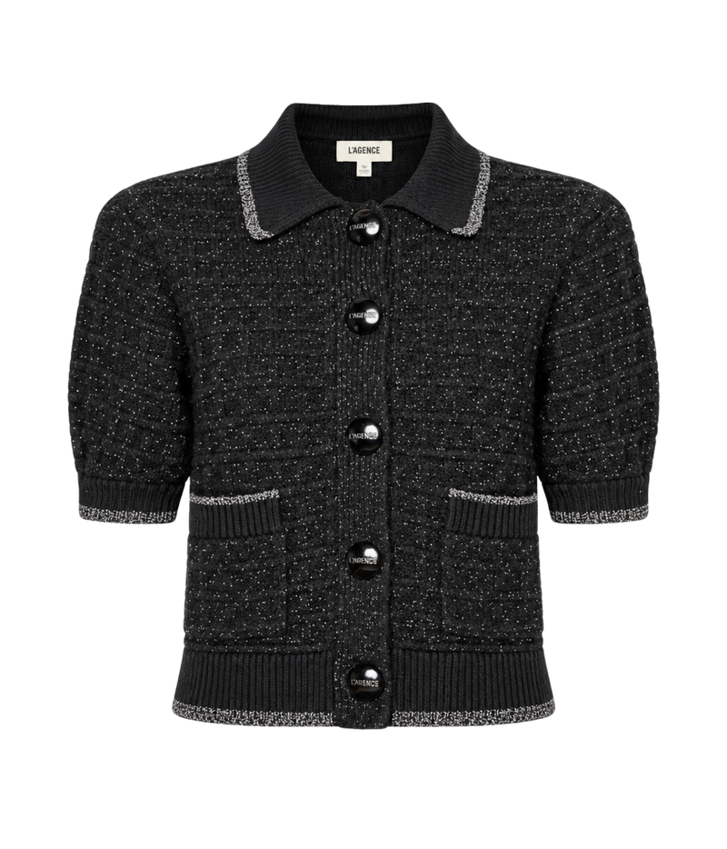 Novalie Cardigan Top In Black & Gold Lurex L'Agence - flat lay of product