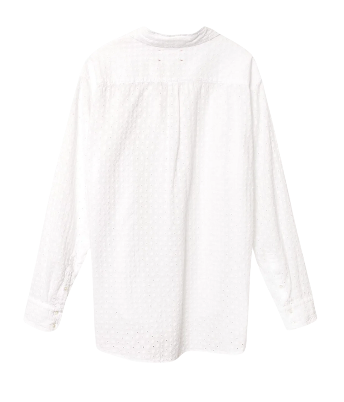 Xirena Beau Shirt in White Eyelet, back view highlighting the relaxed silhouette and textured eyelet cotton.