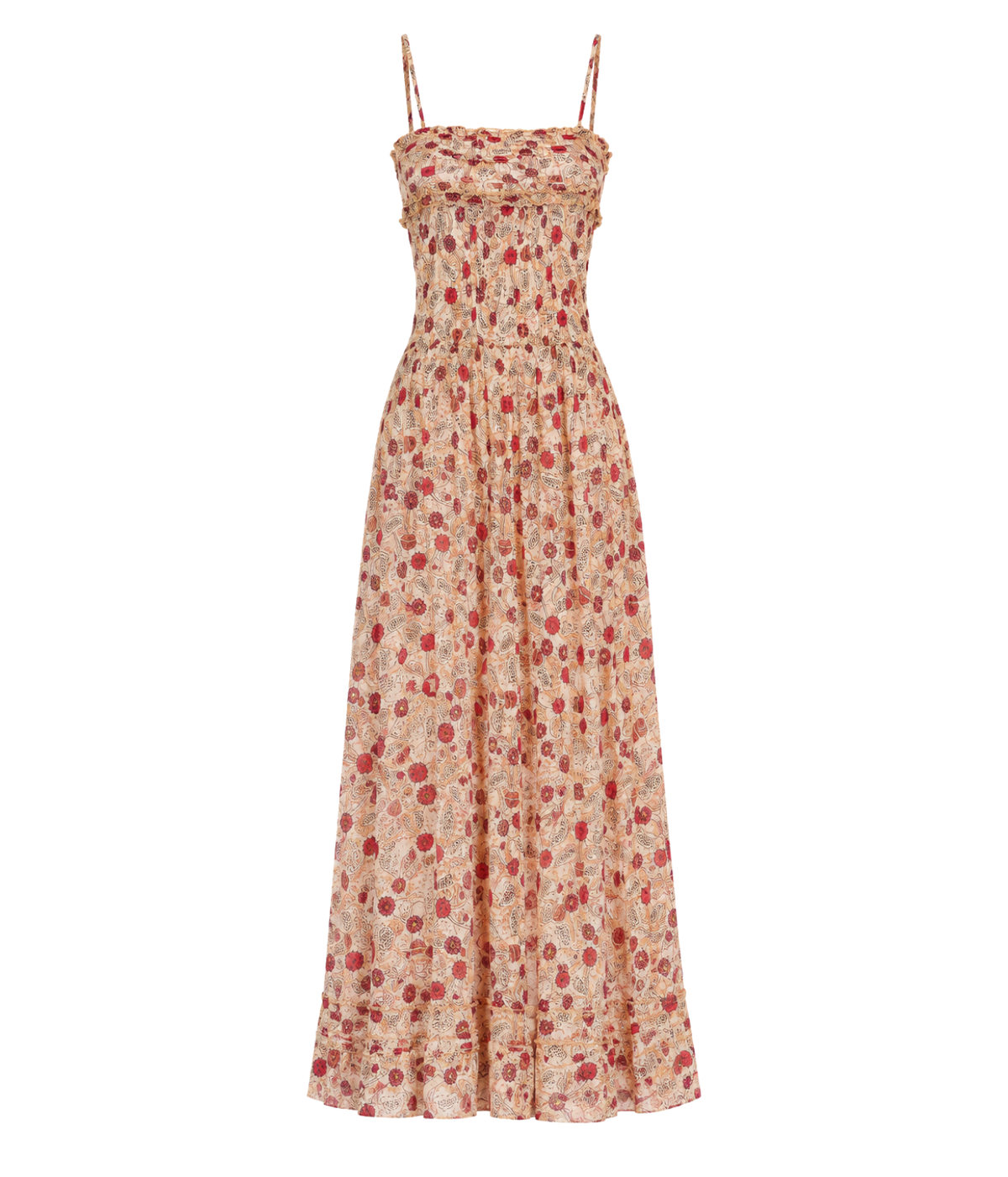 Isabel Marant Demy Dress in Ecru Raspberry, front product view highlighting the thin straps, ruffled bodice and floral print.