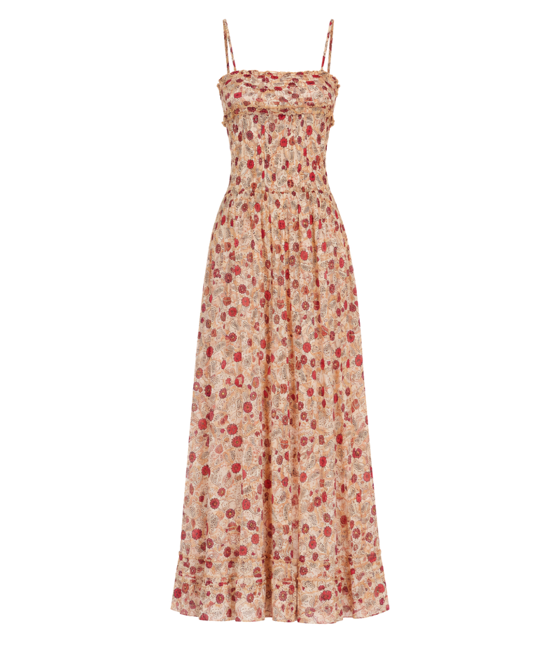 Isabel Marant Demy Dress in Ecru Raspberry, front product view highlighting the thin straps, ruffled bodice and floral print.