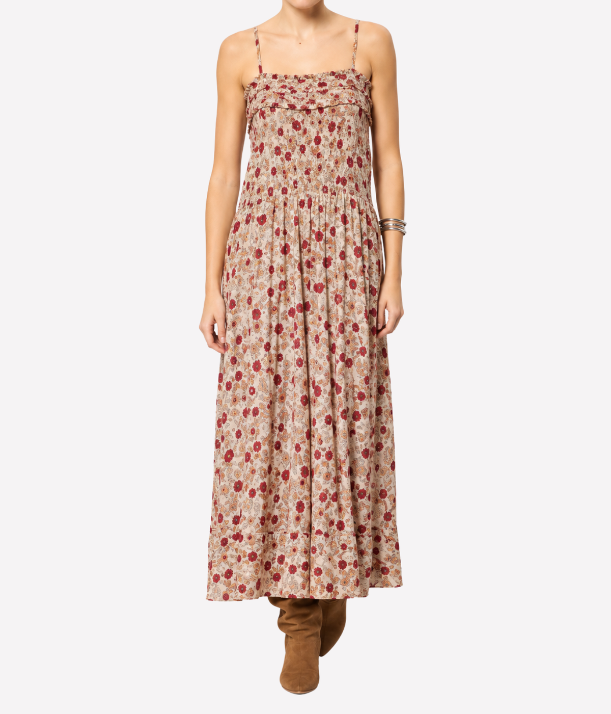 Isabel Marant Demy Dress in Ecru Raspberry, front model view styled with cognac suede boots.