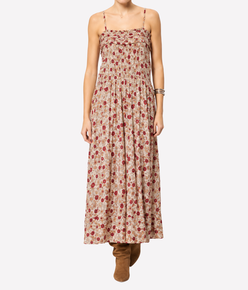 Isabel Marant Demy Dress in Ecru Raspberry, front model view styled with cognac suede boots.