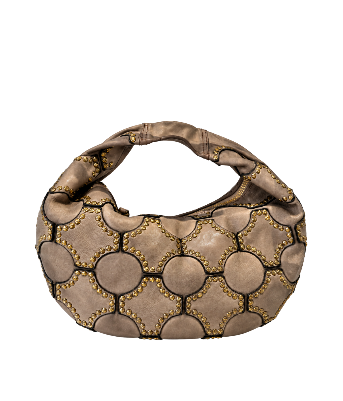 A slouchy crescent-shaped shoulder bag in taupe leather with a geometric pattern of interlocking circles and hexagons - Campomaggi Marisa Shoulder Bag In Cement