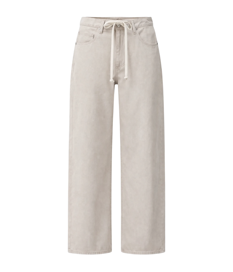 Citizens of Humanity Brynn Drawstring Linen Trouser In Pale Stone, laid flat, showing the drawstring waist and wide leg