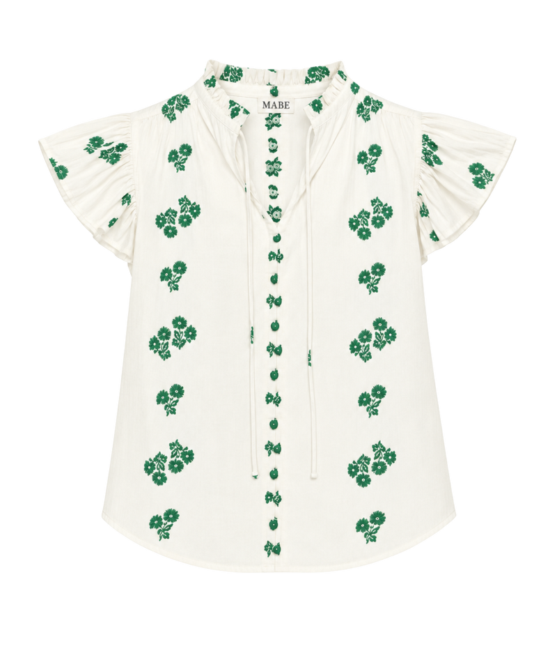 M.A.B.E Iris Woven Frill Short Sleeve Top in Green – flat lay