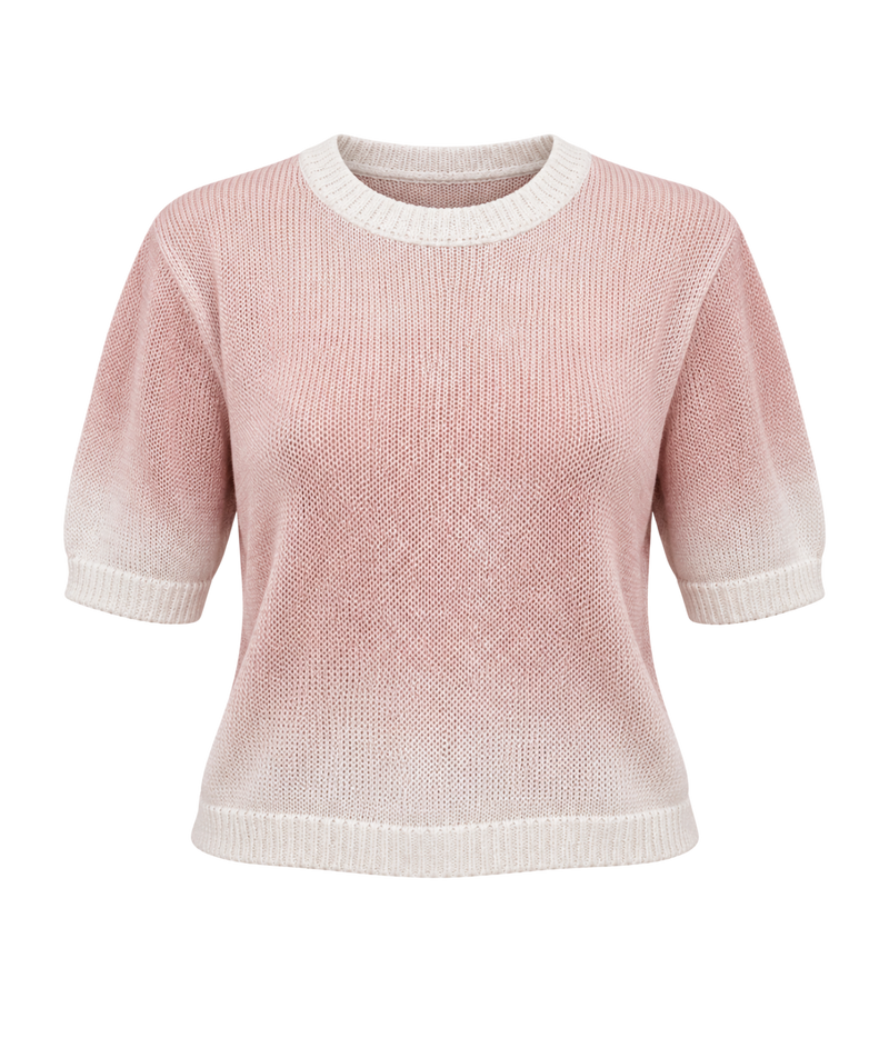 Avant Toi Short Sleeve Maglia Pullover In Wisteria, laid flat, showing the dusty pink to cream hand-dyed gradient and short sleeves