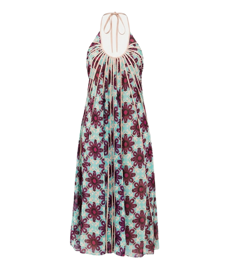 Alexis Azurea Dress In Jardin Sable - product flat lay image of midi dress in blue and red floral look print