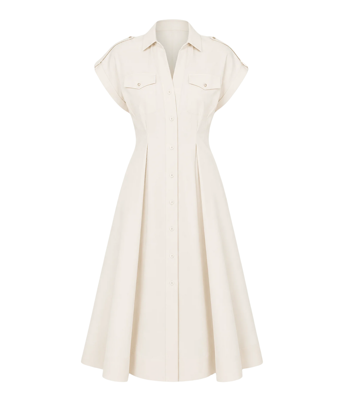 Alexis Ceres Dress In Beige - product flat lay image of beige coloured midi dress with colour, front pockets and soft waist pleats