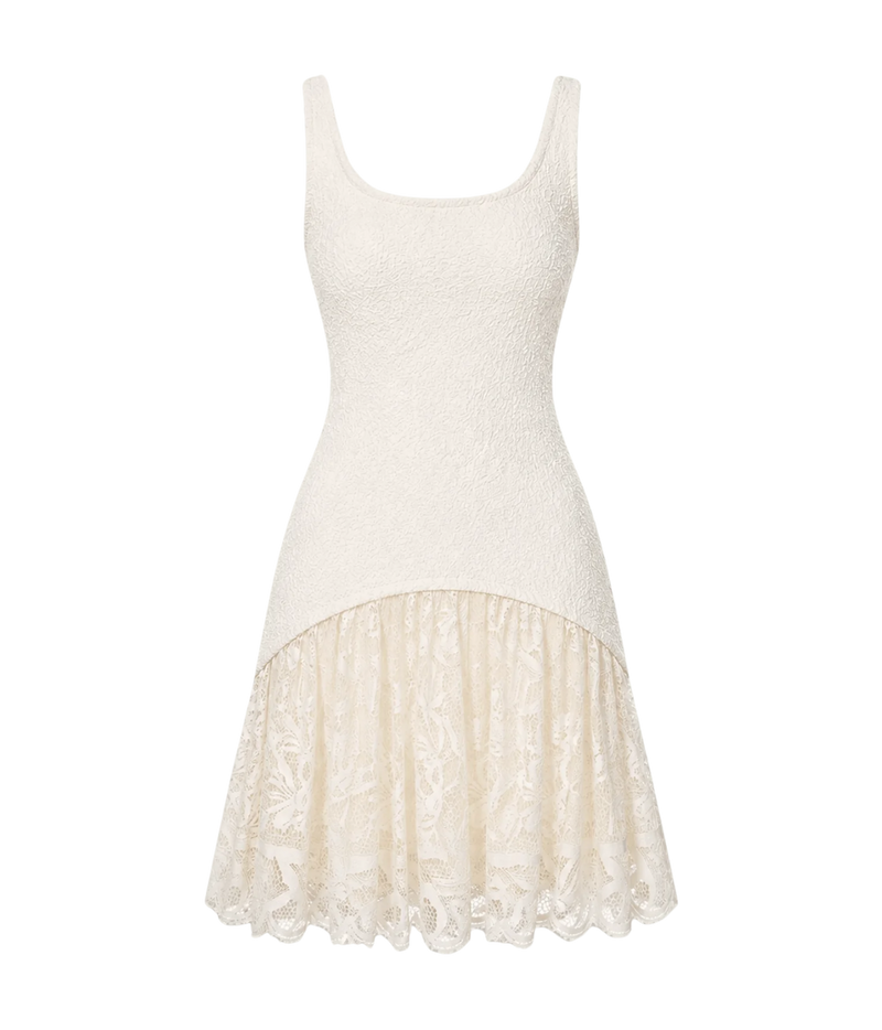 alexis Pomela Mini Dress In Ivory - product flat lay of ivory coloured mini dress with curved lace hem