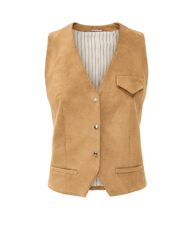 Alexis Aquila Vest In Dune - product flat lay image in suede look brown fabric