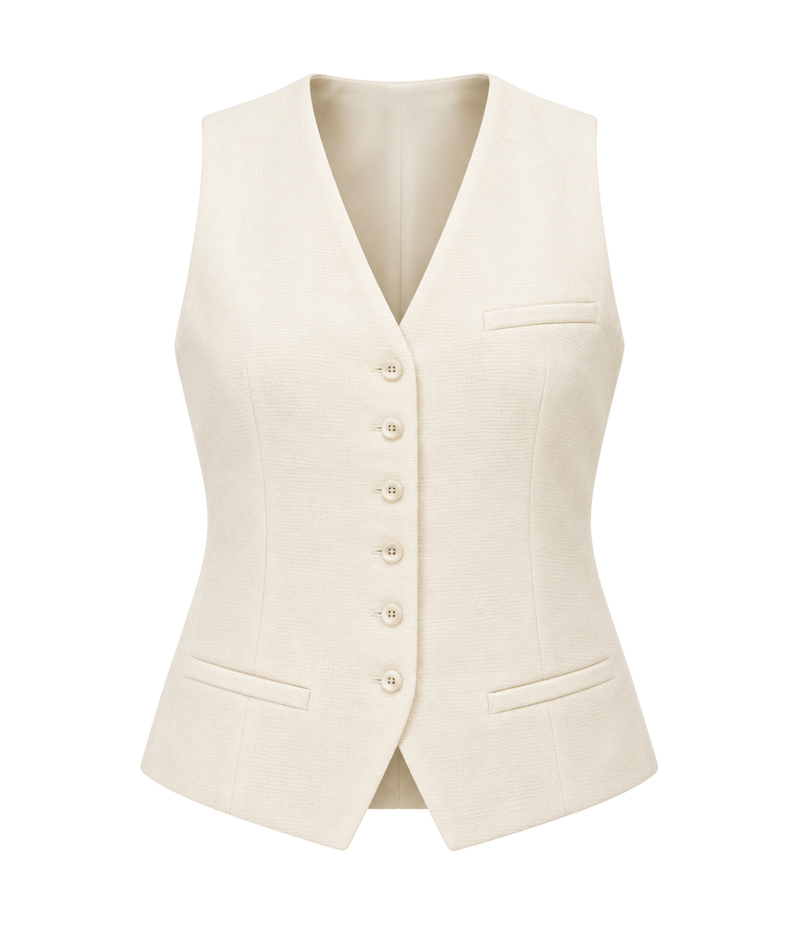 Alexis Vence Vest In Off White, laid flat, showing the V-neck, five-button front and welt pockets