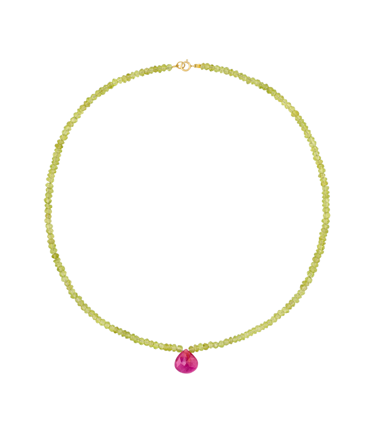 JIA JIA Arizona Peridot Ruby Raindrop Necklace in Green & Pink laid flat in a full circle, with fine yellow-green peridot beads and a single bright pink ruby raindrop at the centre