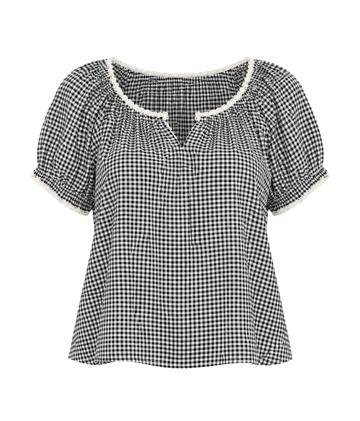 Xirena Maisie Top in Black Sand laid flat, showing the gathered notched scoop neckline, puff sleeves with elasticated cuffs and contrast trim