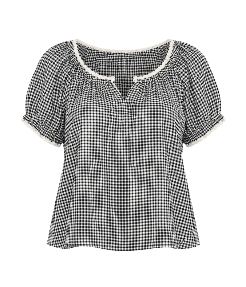 Xirena Maisie Top in Black Sand laid flat, showing the gathered notched scoop neckline, puff sleeves with elasticated cuffs and contrast trim