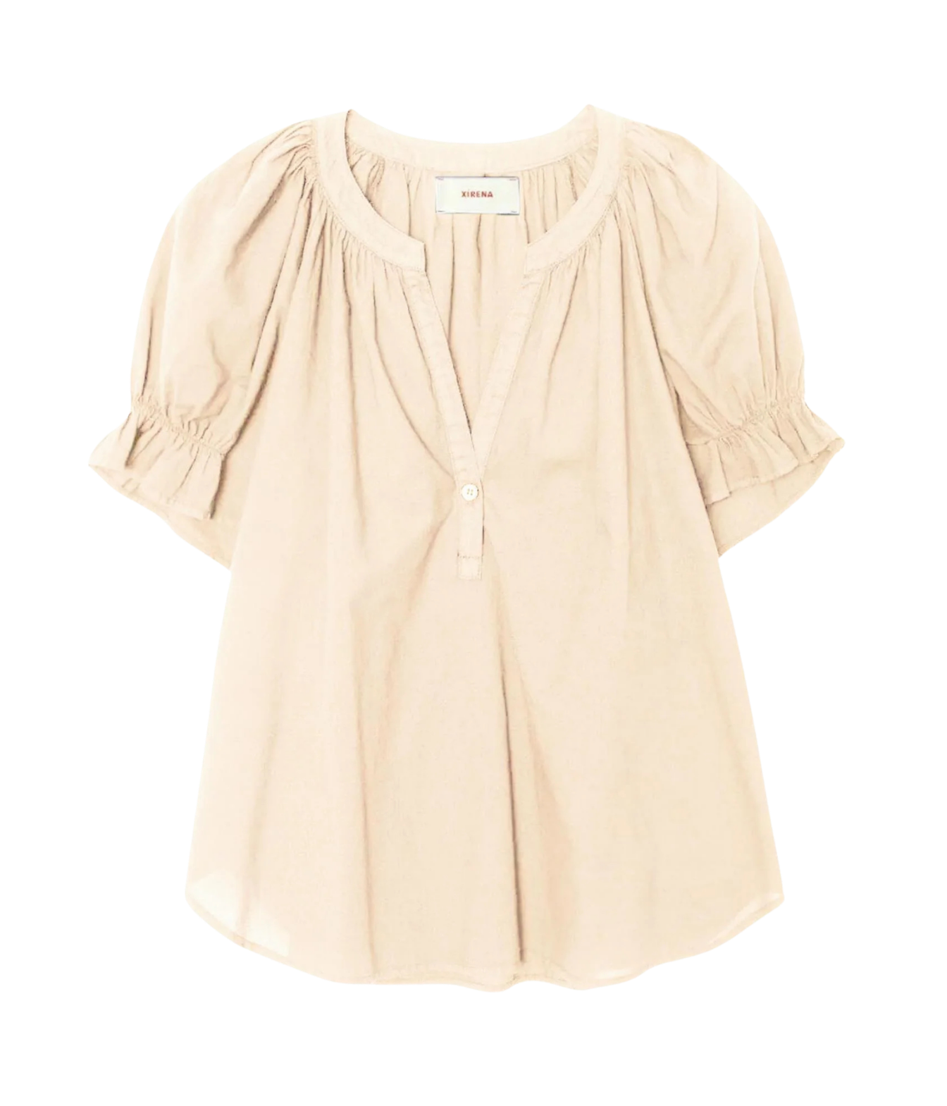 A light beige short-sleeve blouse with a split neckline, gathered puff sleeves, and a buttoned placket, shown flat against a white background.
