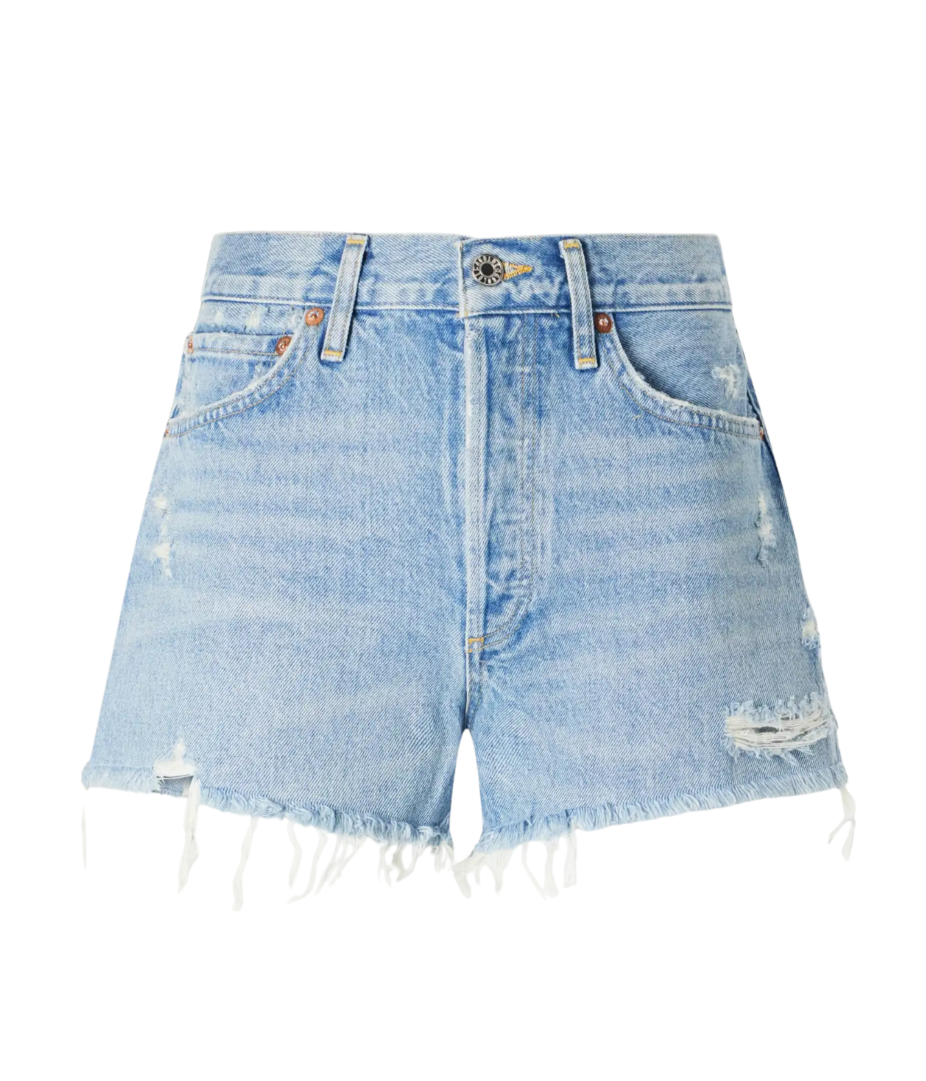 AGOLDE Parker Short, a high-rise denim short crafted from regenerative cotton in a bright indigo wash with a relaxed, vintage-inspired fit