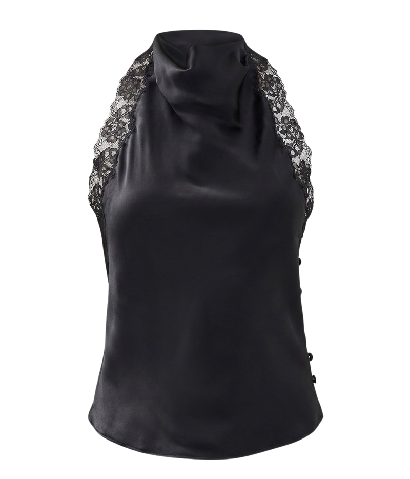 A black satin-like sleeveless top with a draped mock neck and intricate black lace detailing along the shoulders, shown against a plain white background.