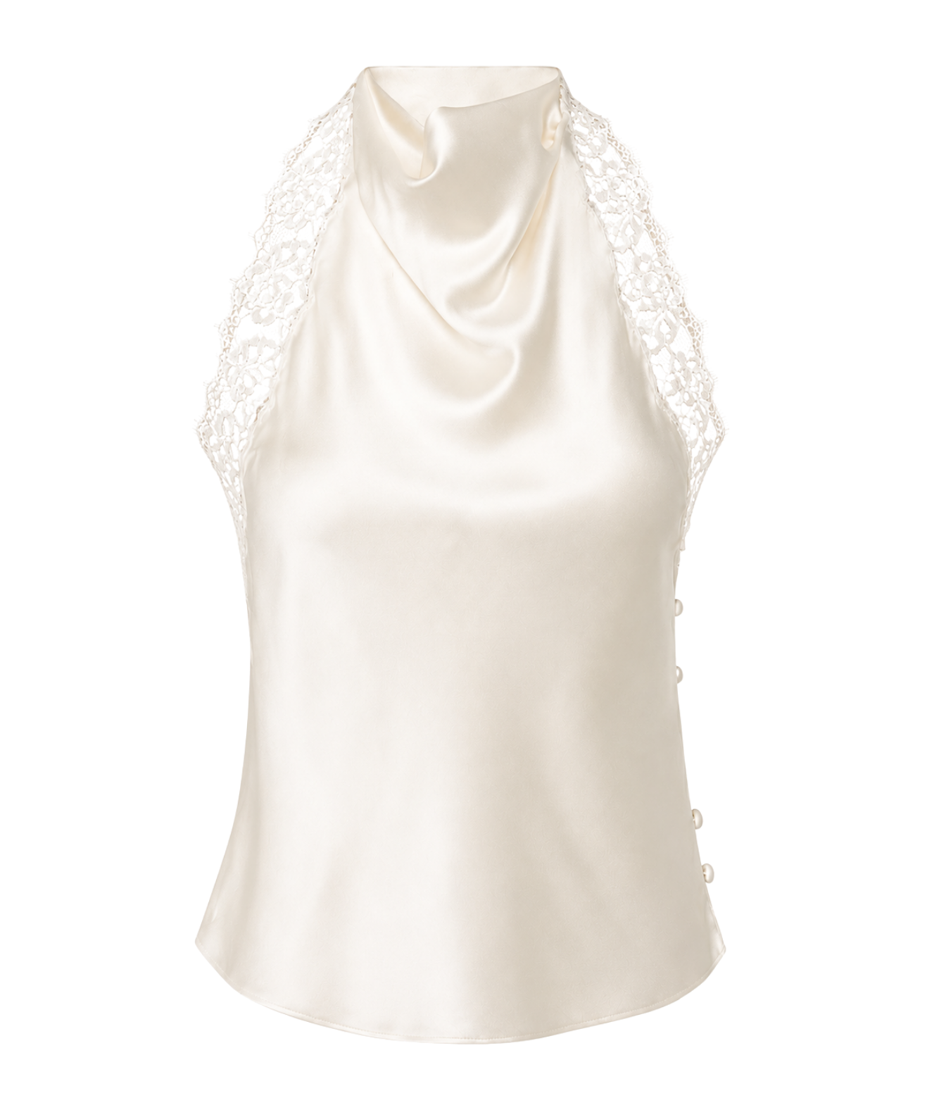 An ivory satin camisole top with a draped cowl neckline, lace shoulder panels, and decorative buttons down the side