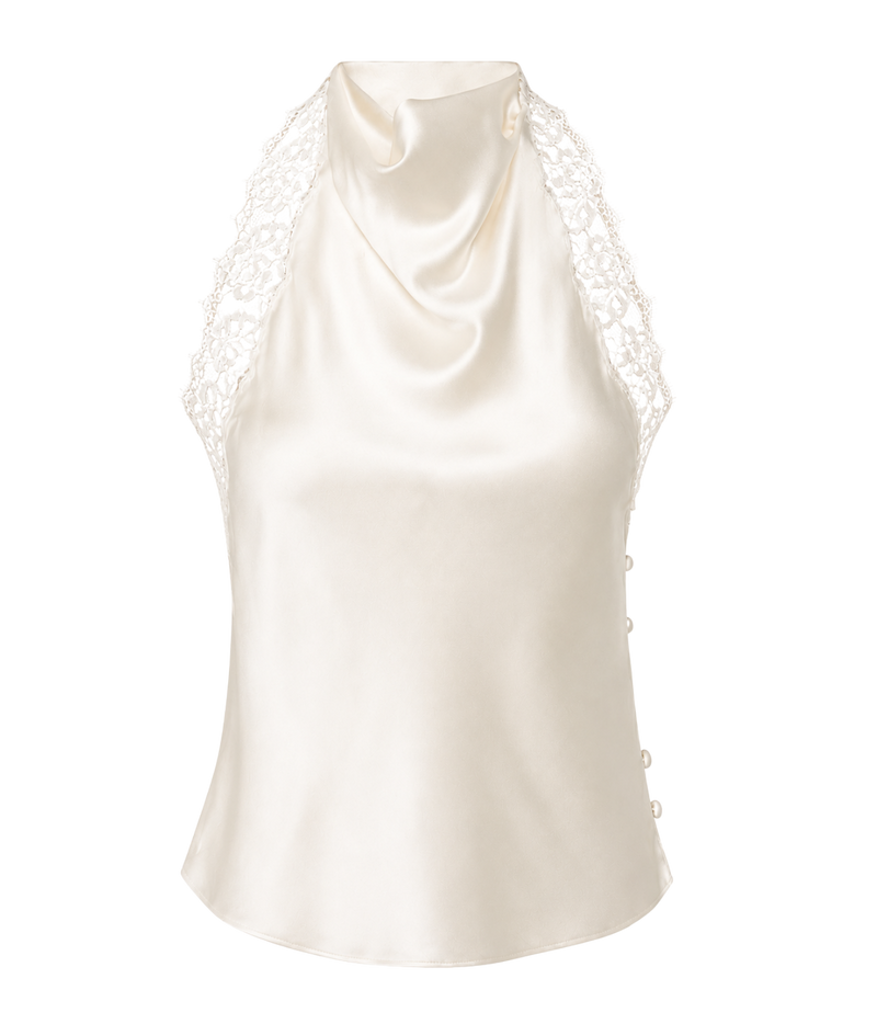 An ivory satin camisole top with a draped cowl neckline, lace shoulder panels, and decorative buttons down the side