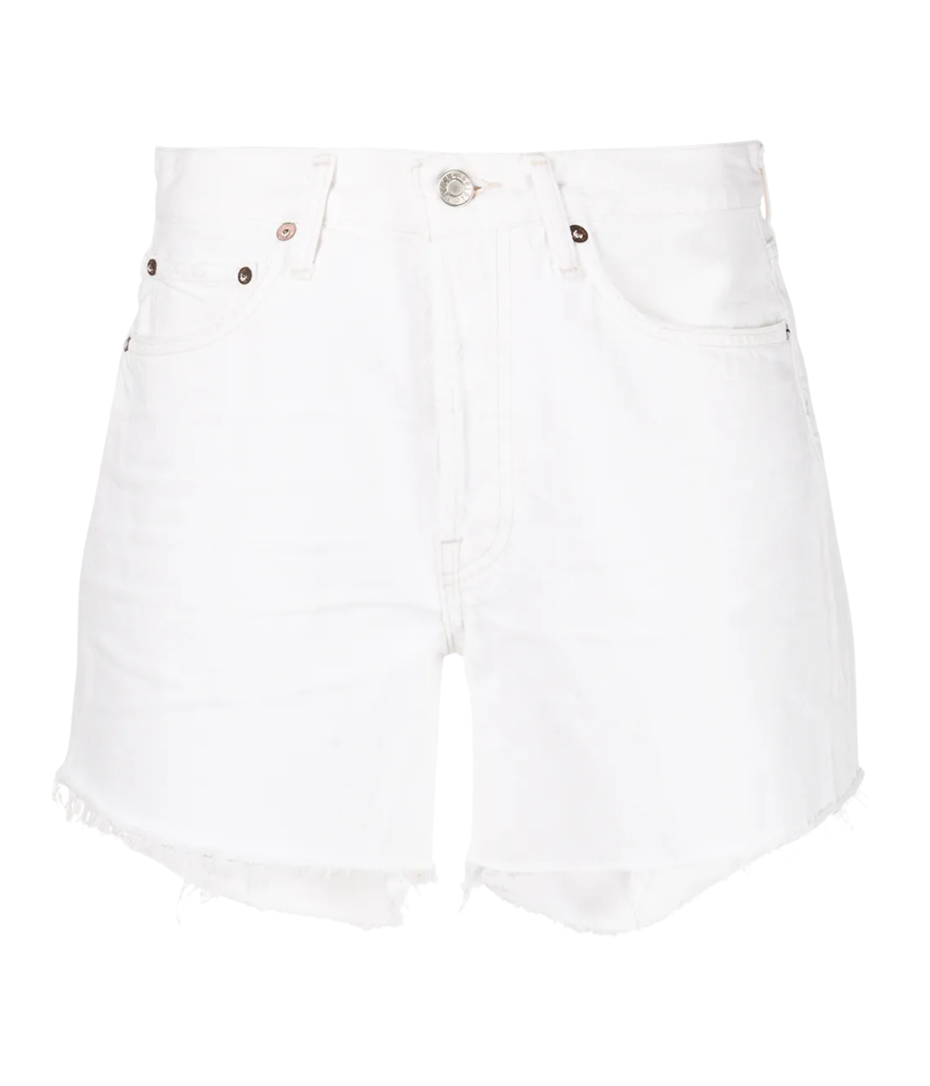 White denim shorts with a raw, frayed hem and silver-toned rivets on the front pockets, shown against a plain white background.