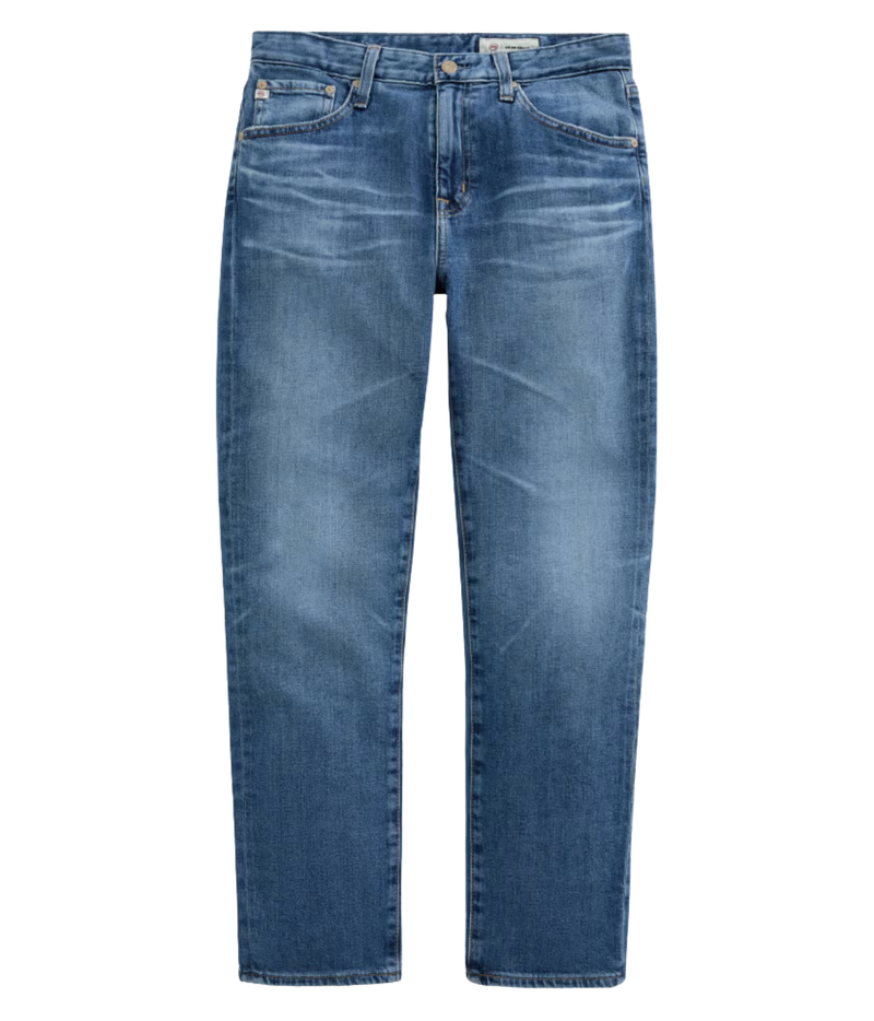 A pair of medium wash blue denim jeans with a straight-leg fit, shown flat against a plain white background.