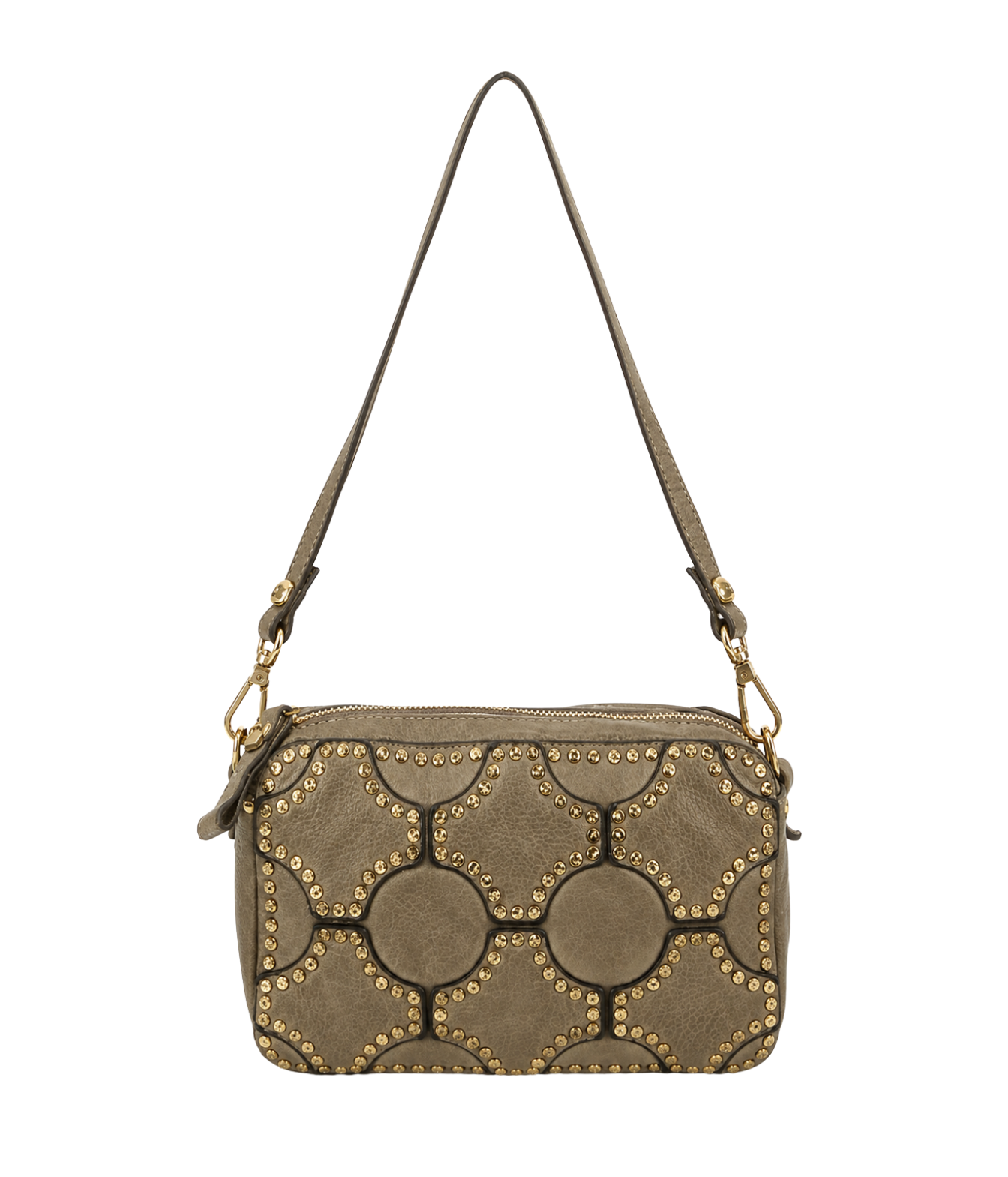 A taupe leather shoulder bag with a geometric pattern of interlocking circles and starburst shapes, embellished with gold-tone studs and hardware, shown on a plain white background.