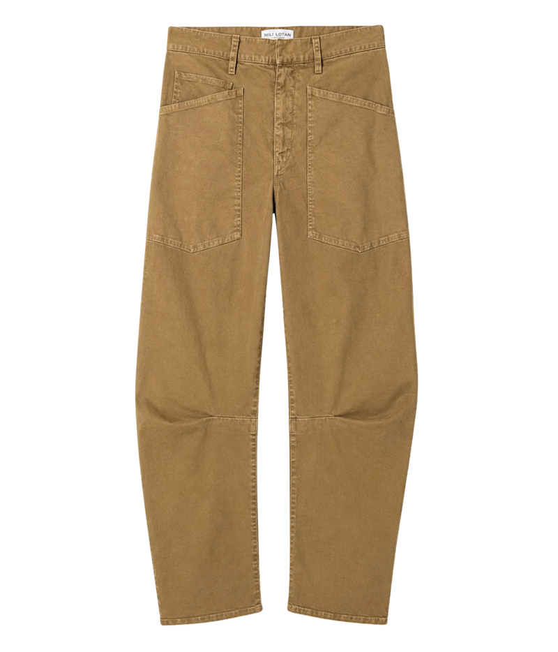 A pair of tan canvas work pants with reinforced knee patches and classic five-pocket styling, shown flat against a solid white background.
